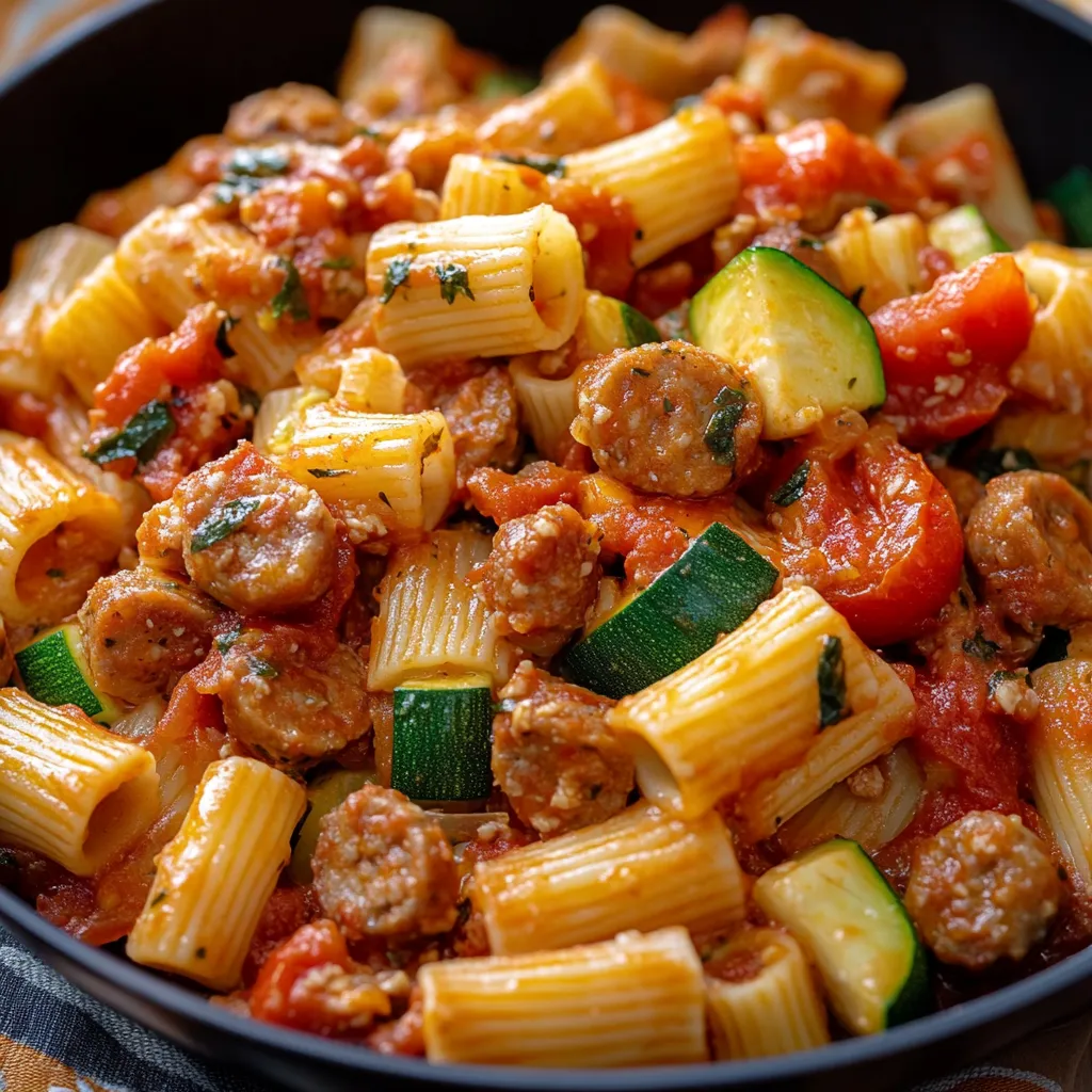 A bowl of pasta with meat and vegetables.