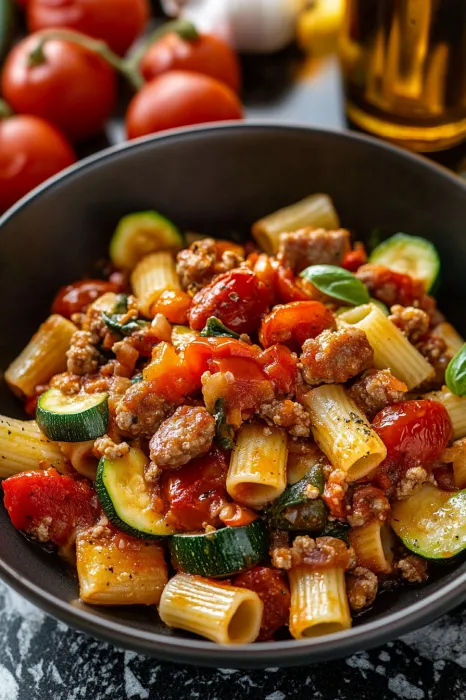A bowl of pasta with meat and vegetables.
