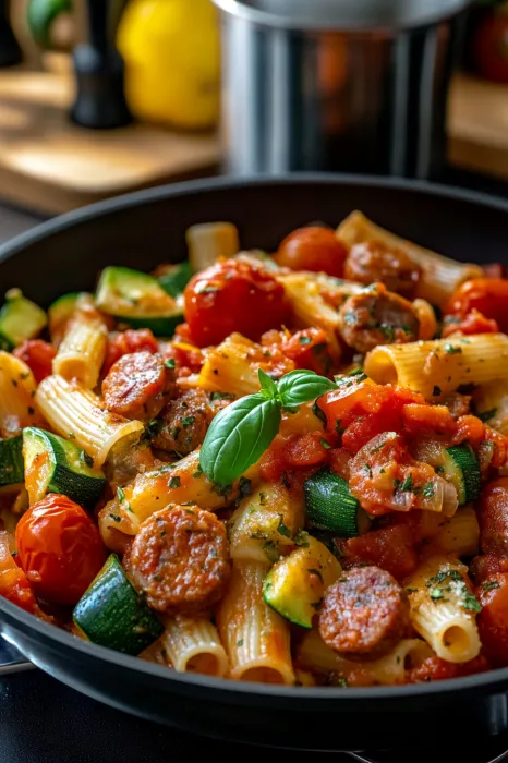 A bowl of pasta with tomatoes and sausage.