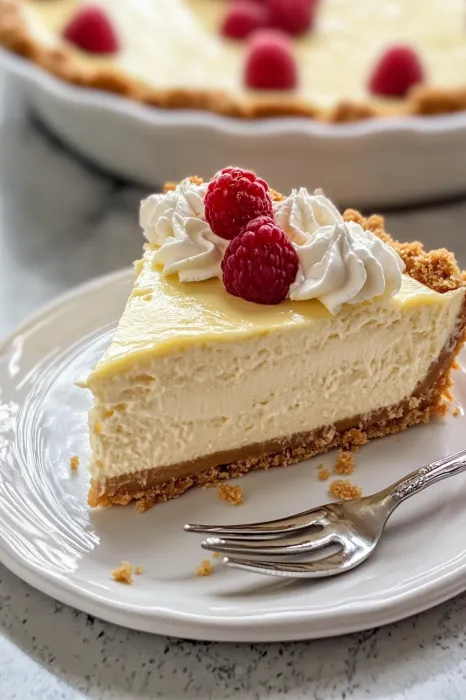 A slice of cheesecake with raspberries on top.