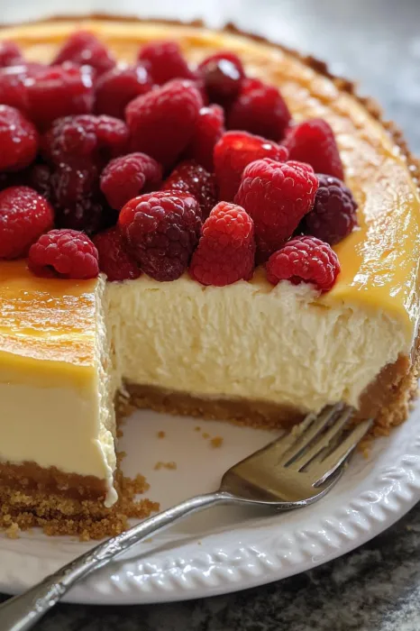 A slice of cheesecake with raspberries on top.