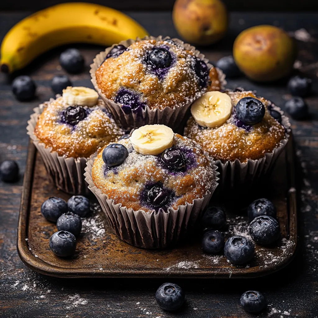 A plate of muffins with blueberries and bananas.