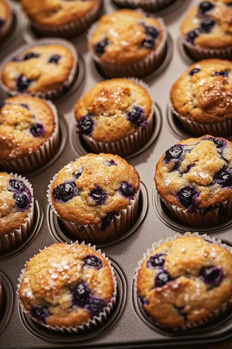 A tray of muffins with blueberries.