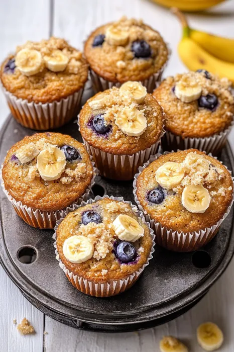 A plate of muffins with bananas and blueberries.
