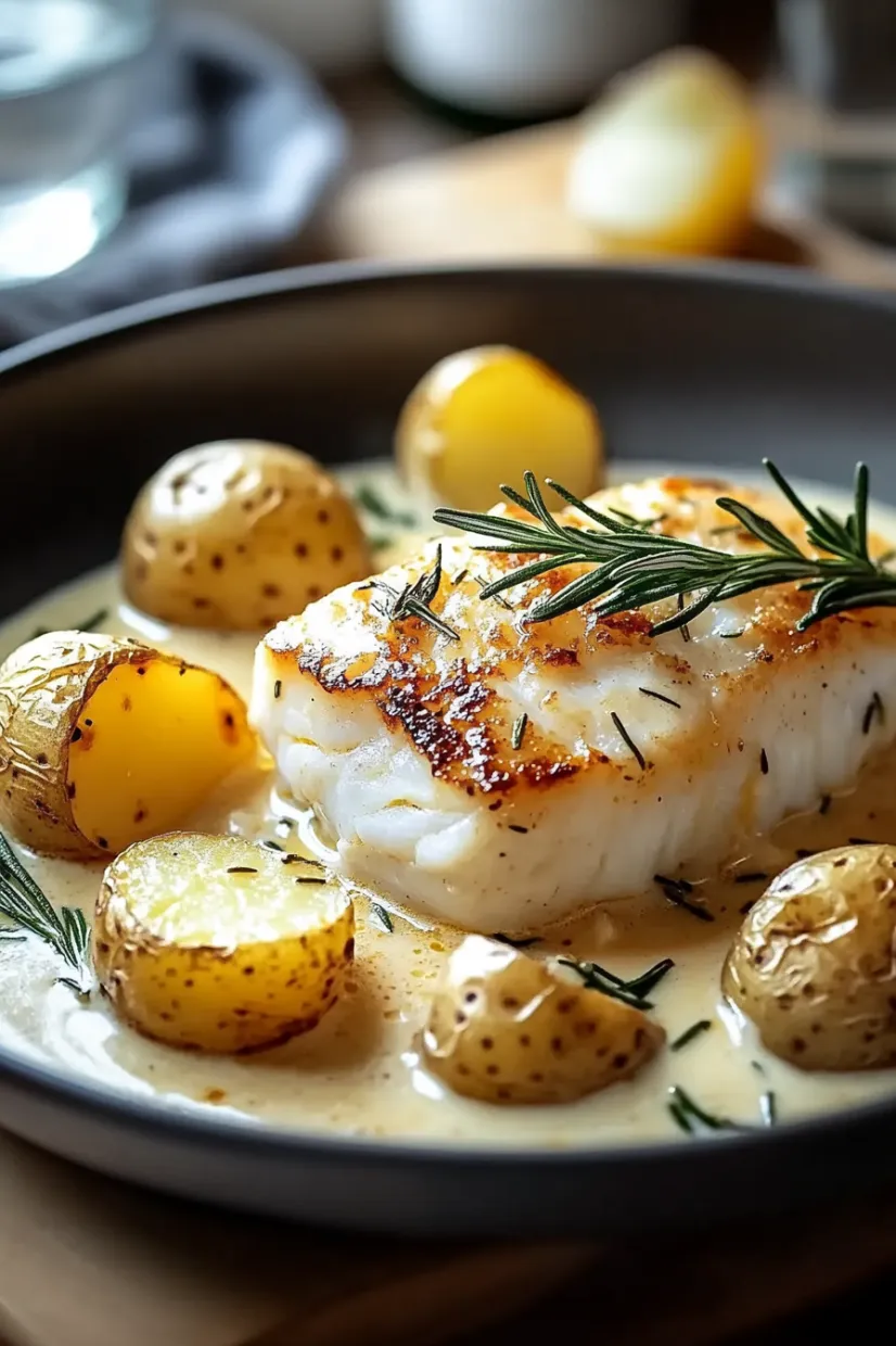 A bowl of food with fish and potatoes.