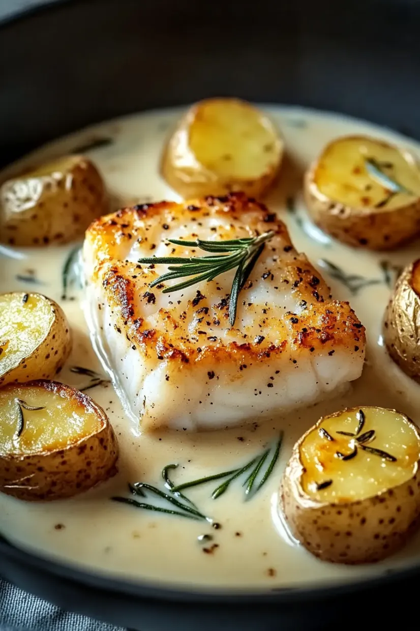 A fish dish with potatoes and herbs.