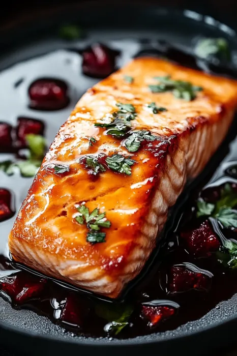A piece of fish with herbs on it.