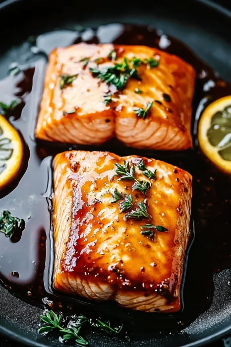 Two pieces of fish with herbs on top.