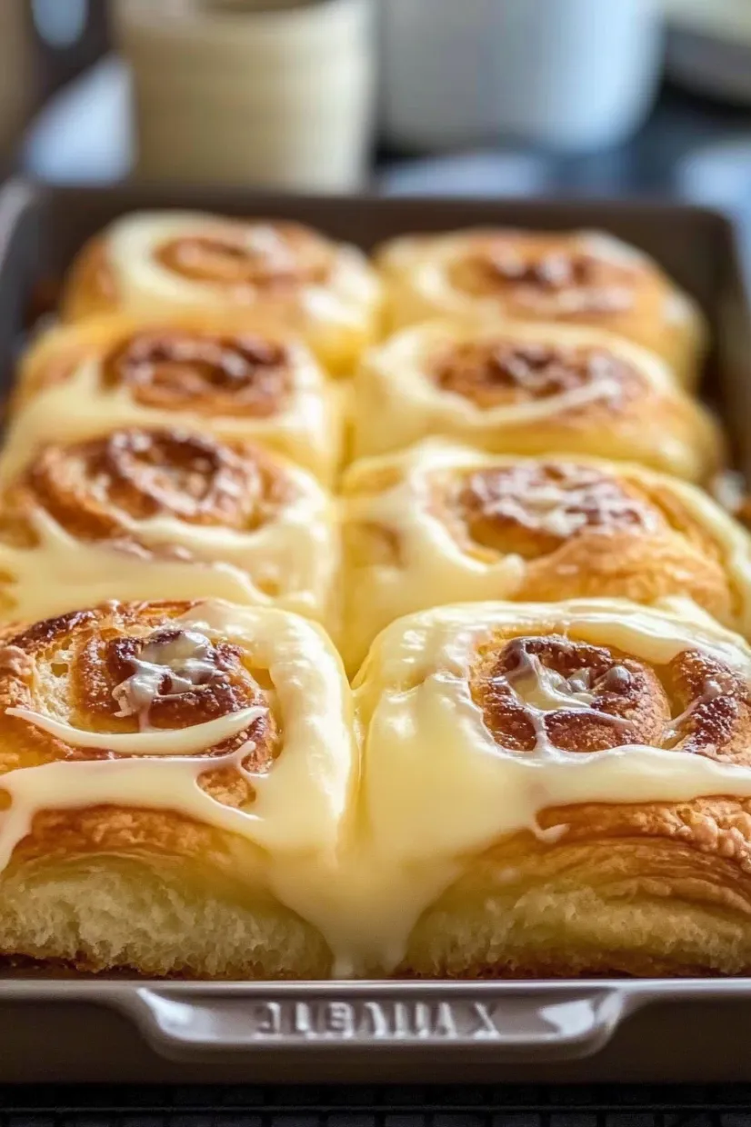 A pan of pastries with white icing.