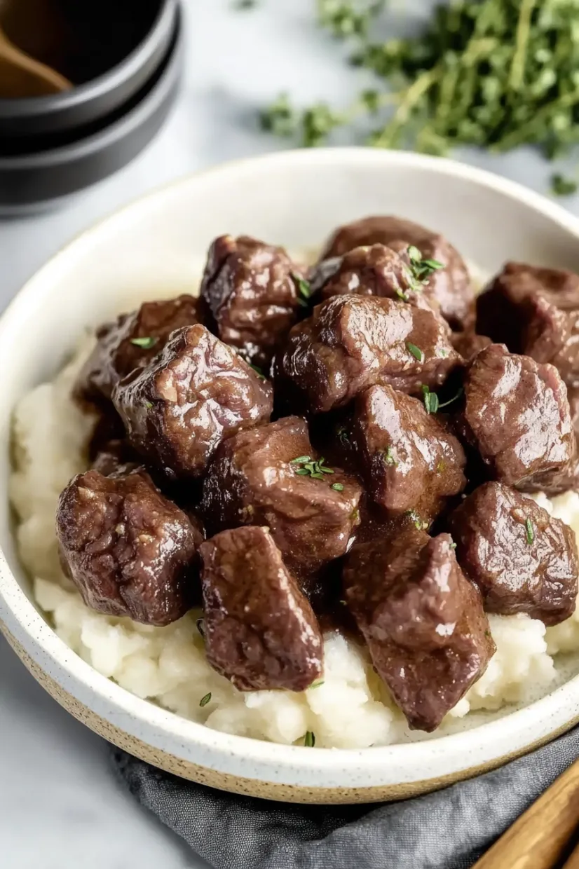 A bowl of meat and potatoes.