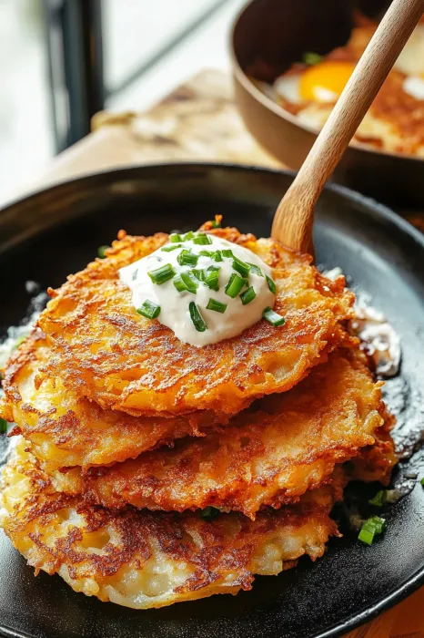 A stack of pancakes with a dollop of sour cream on top.