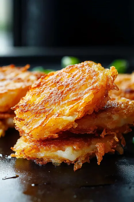 A stack of fried potatoes on a plate.