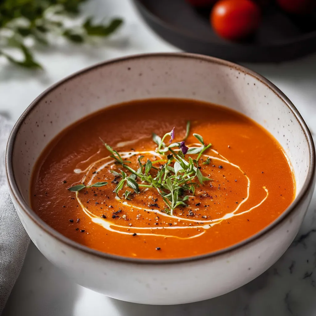 A bowl of soup with a sprig of parsley on top.