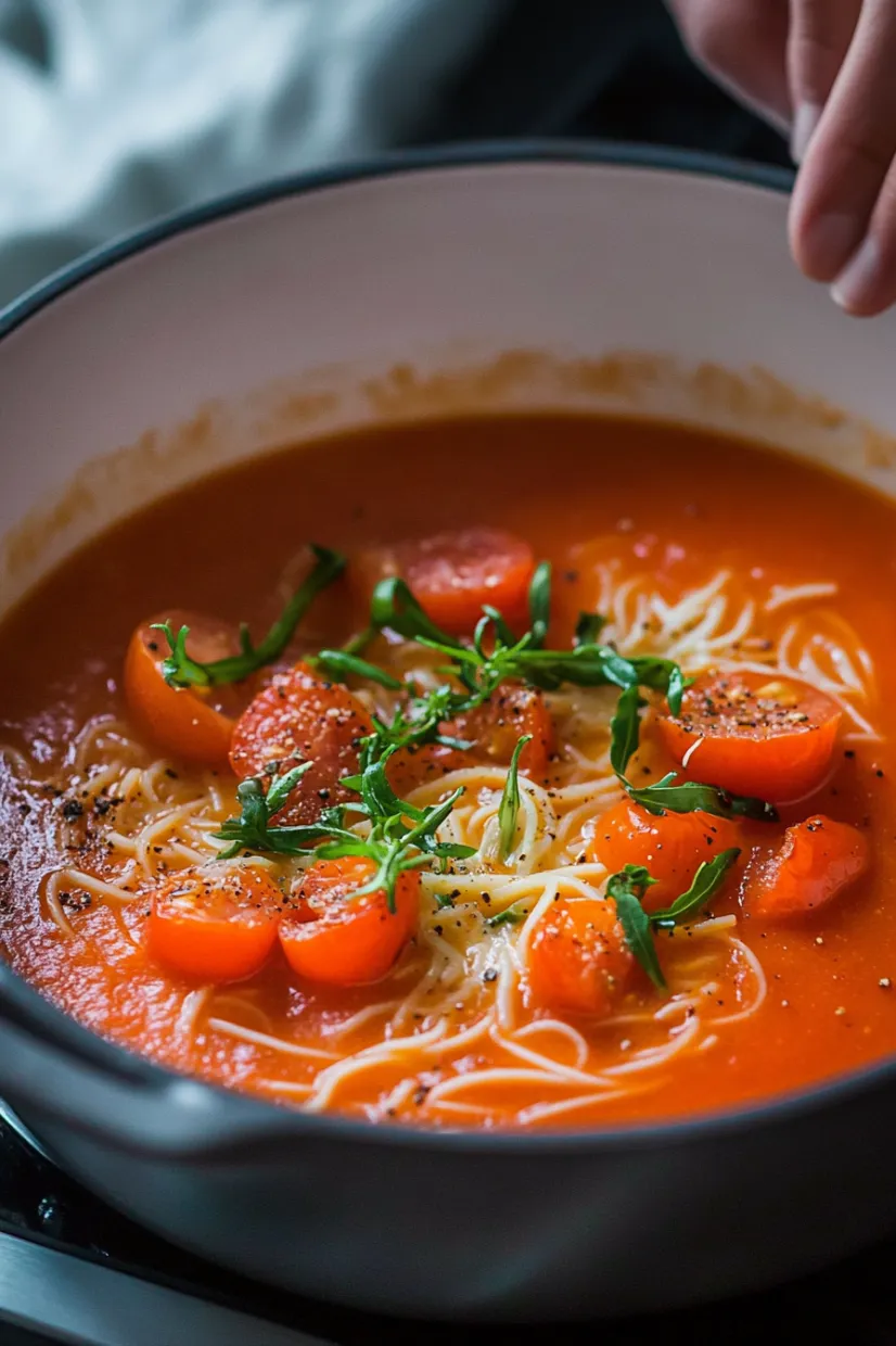 A bowl of soup with tomatoes and noodles.