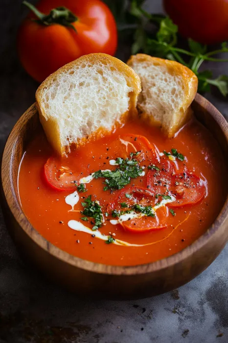 A bowl of soup with a slice of bread in it.