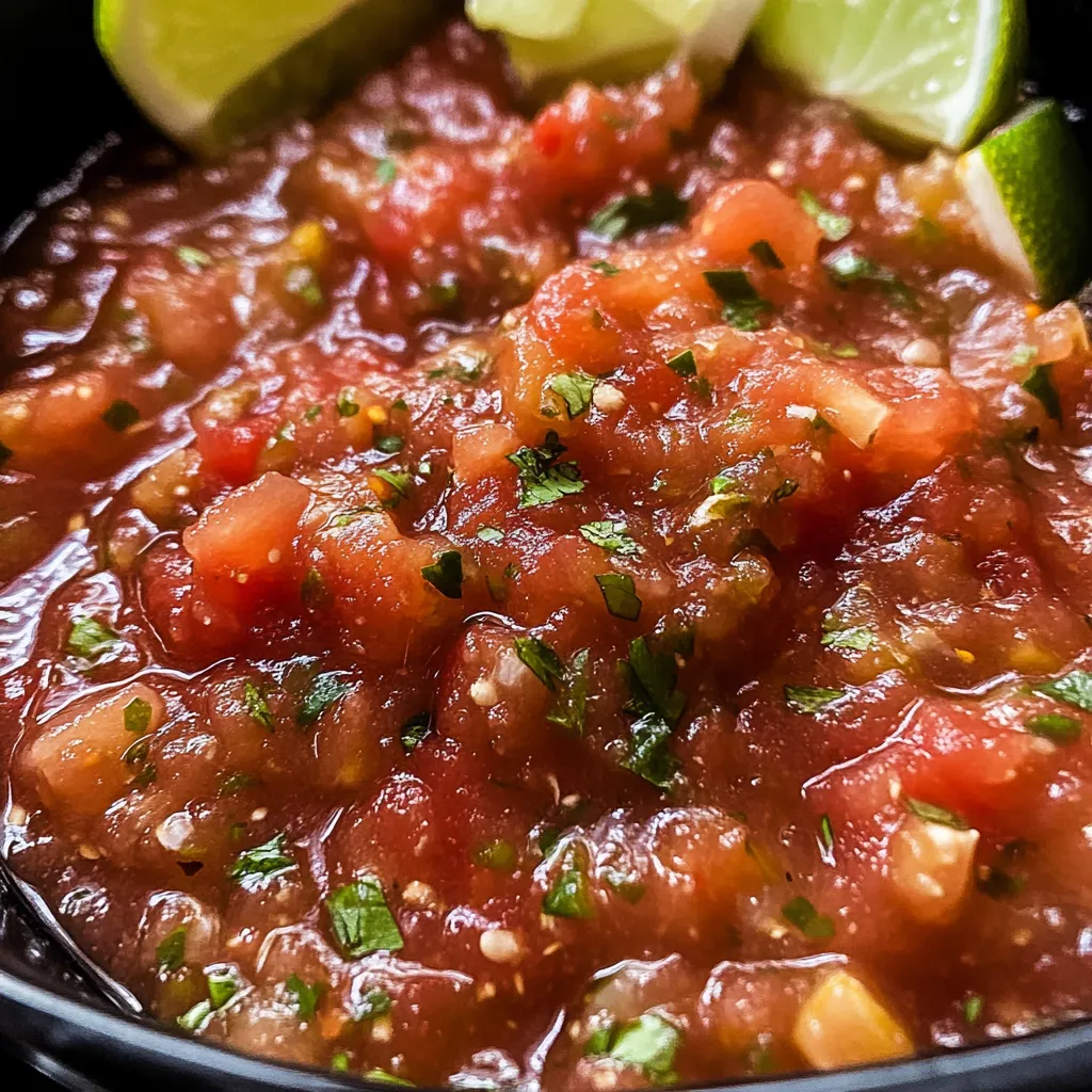 A bowl of salsa with limes on top.