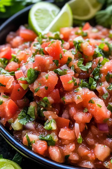 A bowl of salsa with tomatoes, onions, and cilantro.