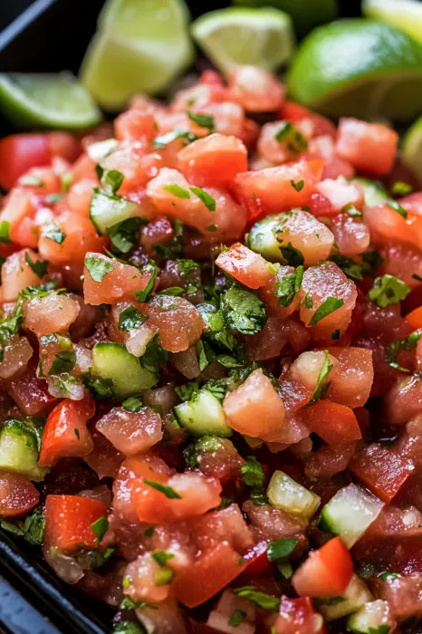 A close up of a salad with tomatoes, cucumbers, and parsley.