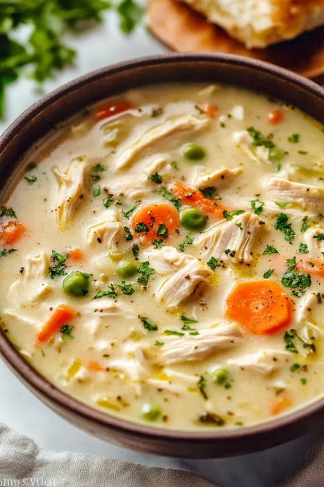 A bowl of soup with chicken and peas.