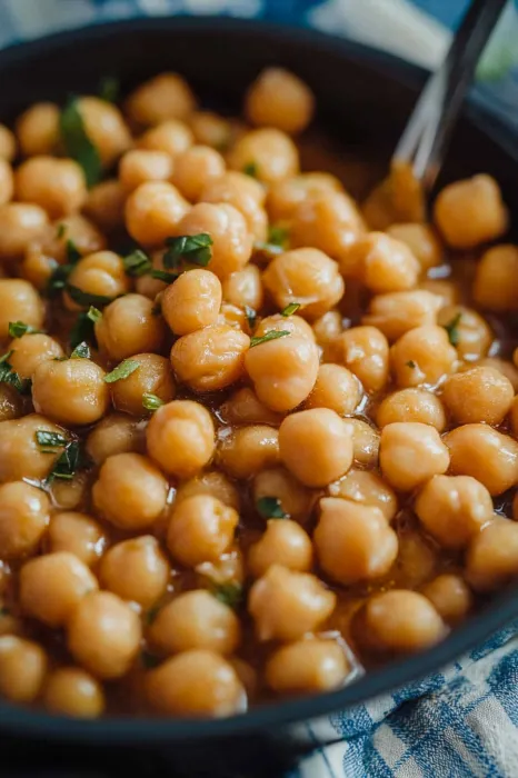 A bowl of chickpeas with green herbs.