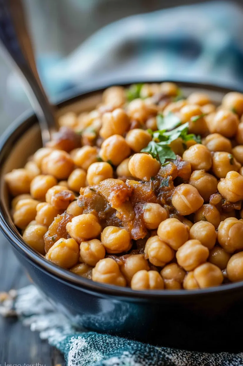 A bowl of chickpeas with a spoon in it.