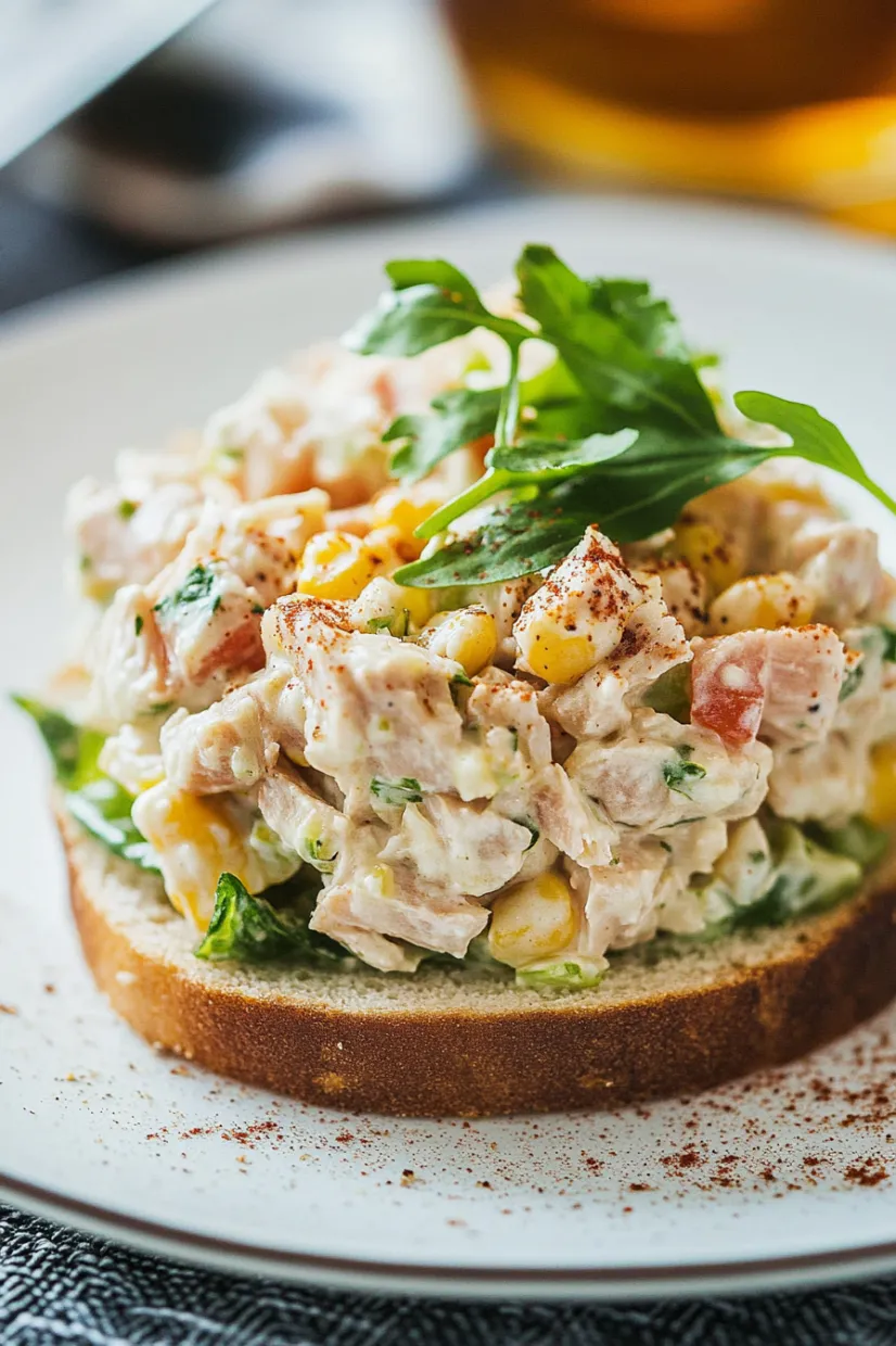 A sandwich with chicken and corn on top.