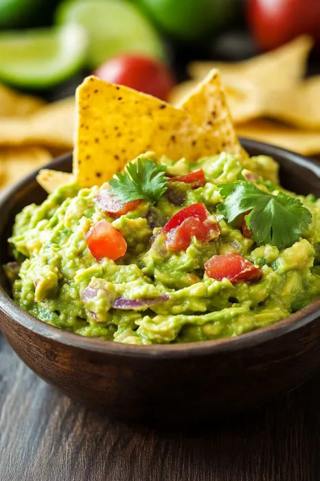 A bowl of guacamole with chips on top.