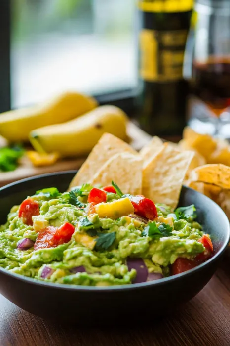 A bowl of food with a banana and a bottle of wine.