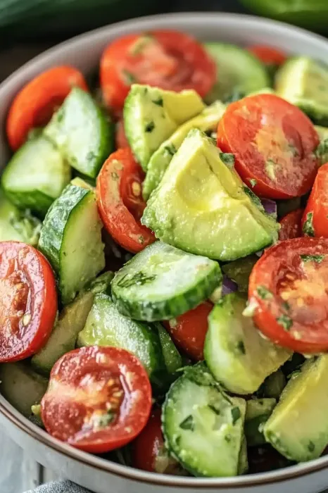 A bowl of vegetables including cucumbers, tomatoes, and avocados.