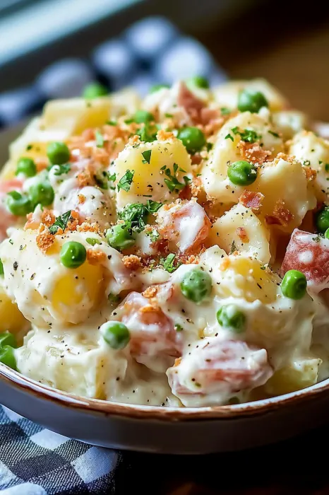 A bowl of food with peas and potatoes.
