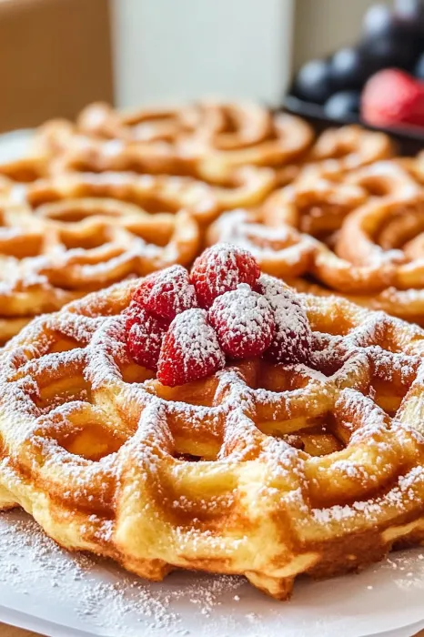 A plate of pastries with powdered sugar and strawberries.