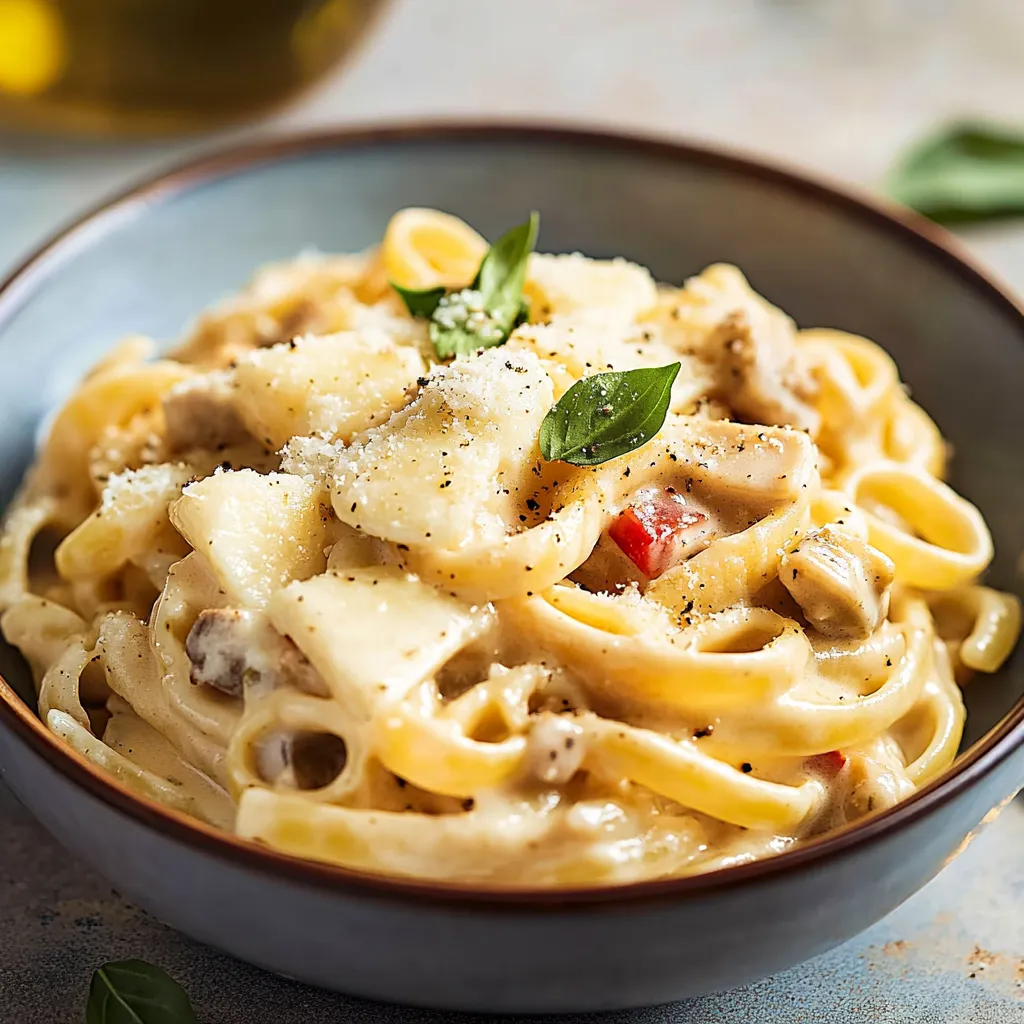 A bowl of pasta with cheese and herbs.