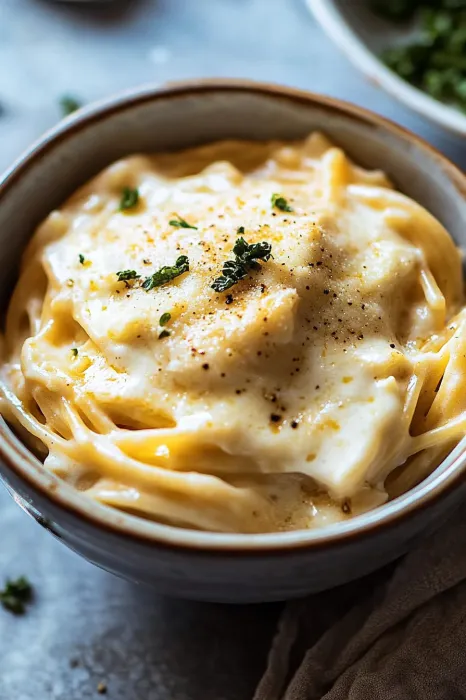 A bowl of pasta with cheese and herbs.