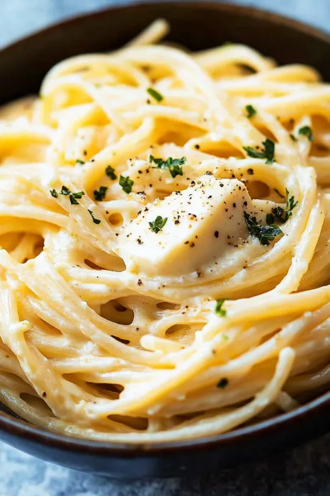 A bowl of spaghetti with a piece of cheese on top.