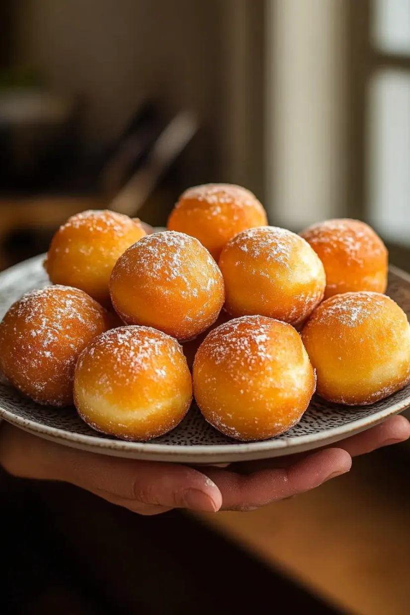 A plate of powdered donuts.