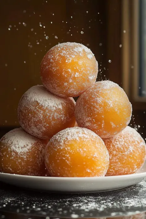 A stack of donuts with powdered sugar on top.