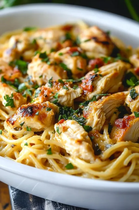 A plate of food with chicken and noodles.