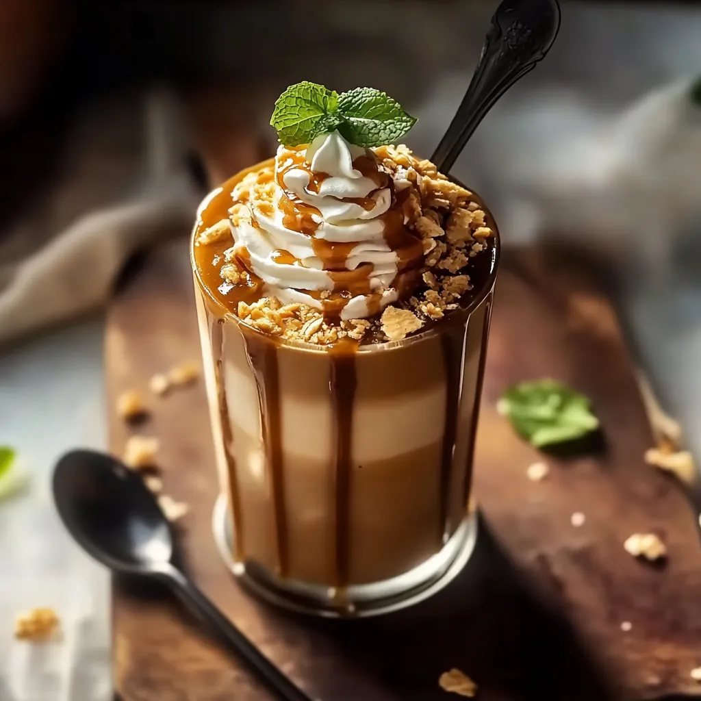 A glass of caramel with whipped cream and a mint garnish.
