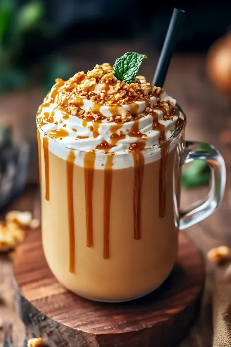 A glass of caramel sauce with whipped cream.