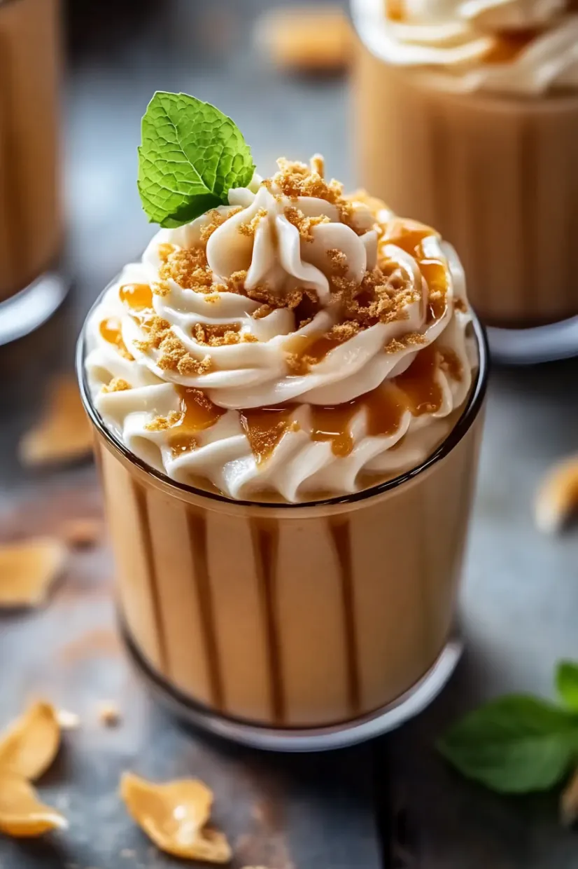 A glass of whipped cream with a mint leaf on top.