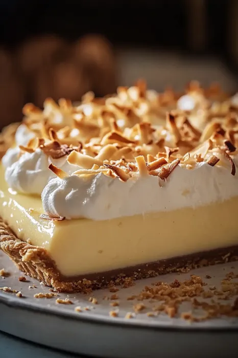 A slice of pie with white whipped cream.