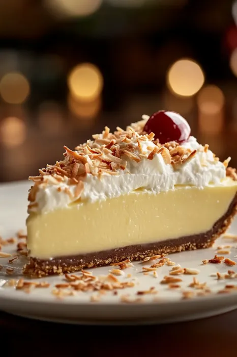 A slice of pie with coconut on top.