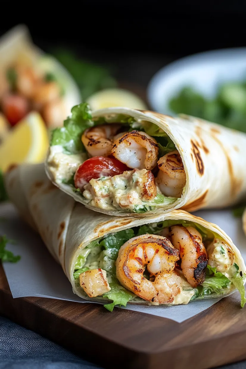 A shrimp wrap with lettuce and tomato.