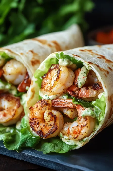 A shrimp burrito with lettuce and sauce.