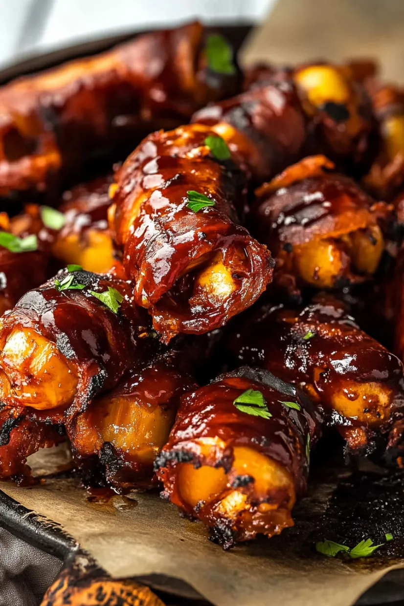 A plate of bacon wrapped around a stick.