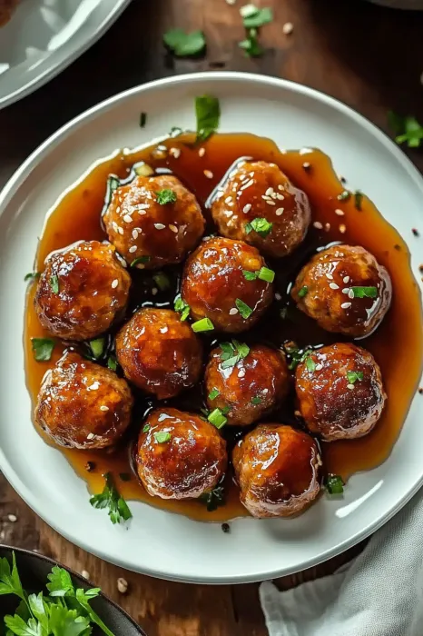 A plate of meatballs with a brown sauce.