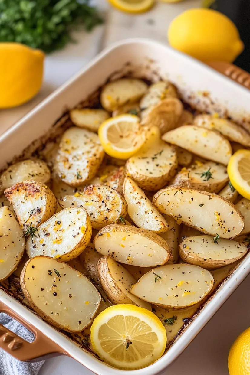 A dish of potatoes with lemon wedges on top.