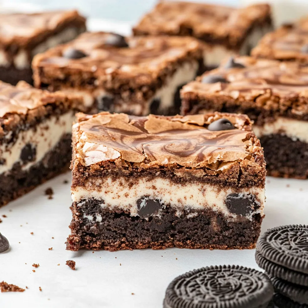 A plate of brownies with chocolate chips and white frosting.