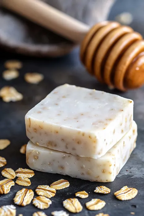 Three bars of soap on a table.