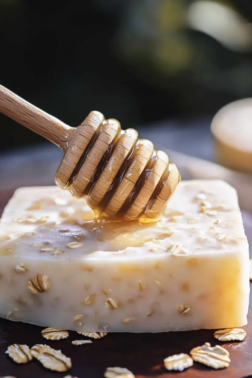 A wooden spoon is dipped into honey.